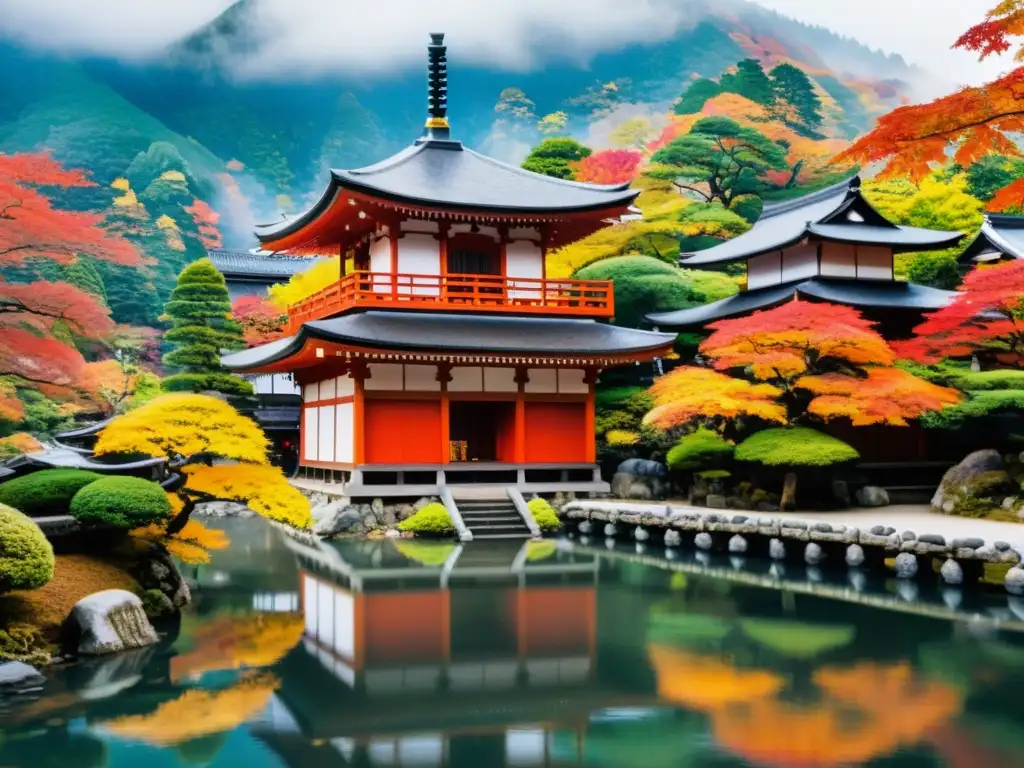 Un paisaje montañoso cubierto de niebla con un templo japonés entre hojas otoñales
