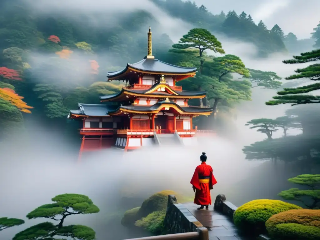 Un paisaje montañoso en Japón con un templo japonés tradicional entre la niebla