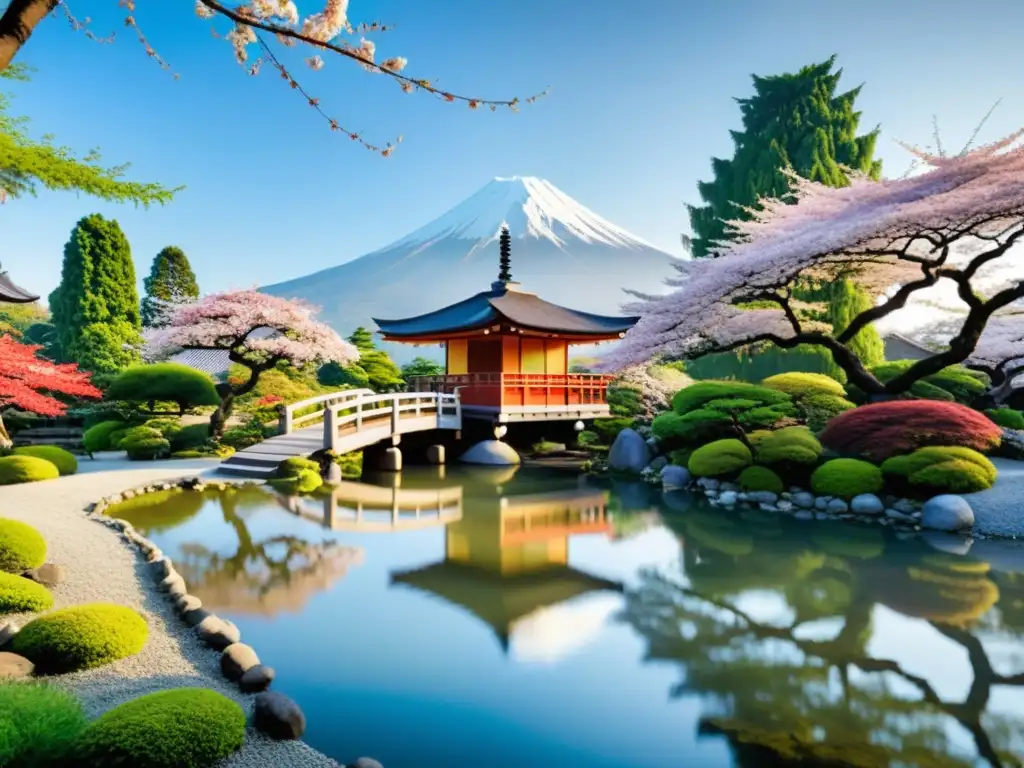 Paisaje sereno de un jardín japonés con puente de madera, estanque, cerezos en flor, pagoda y el imponente Monte Fuji