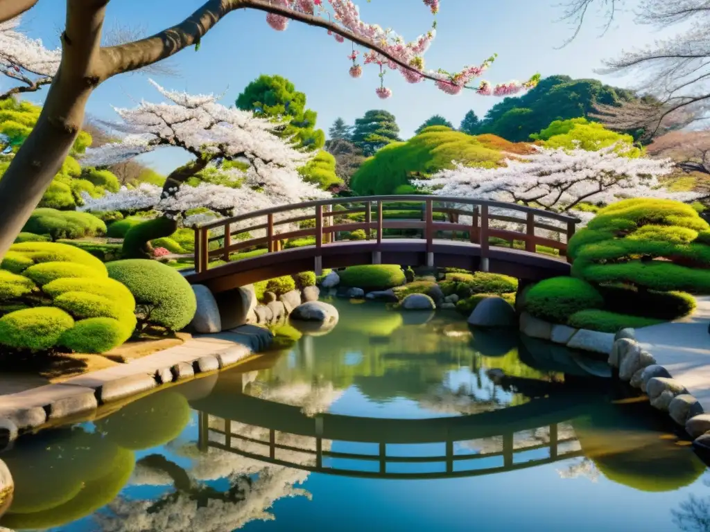 Un paisaje sereno en el Parque Kairakuen, con flores de ciruelo vibrantes y un elegante puente de madera, reflejando la cultura samurái