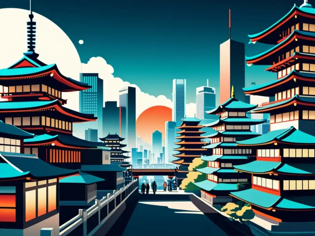 Un paisaje urbano futurista que fusiona elementos tradicionales japoneses con la era digital