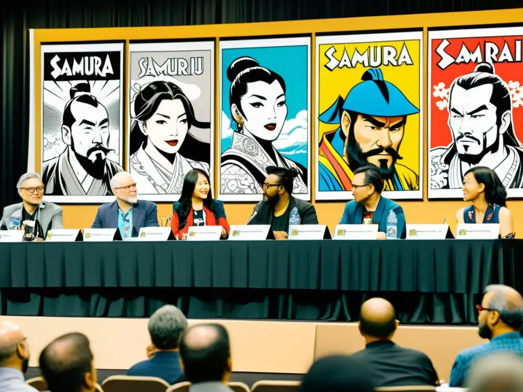 Un panel de convención de cómics con artistas y escritores debatiendo la influencia de los cómics samurái en su arte secuencial