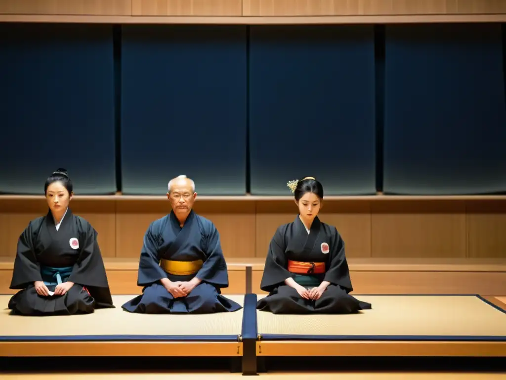 Panel de jueces en evento prestigioso de Iaido, evaluando con concentración la actuación del competidor, en atmósfera solemne y reverente