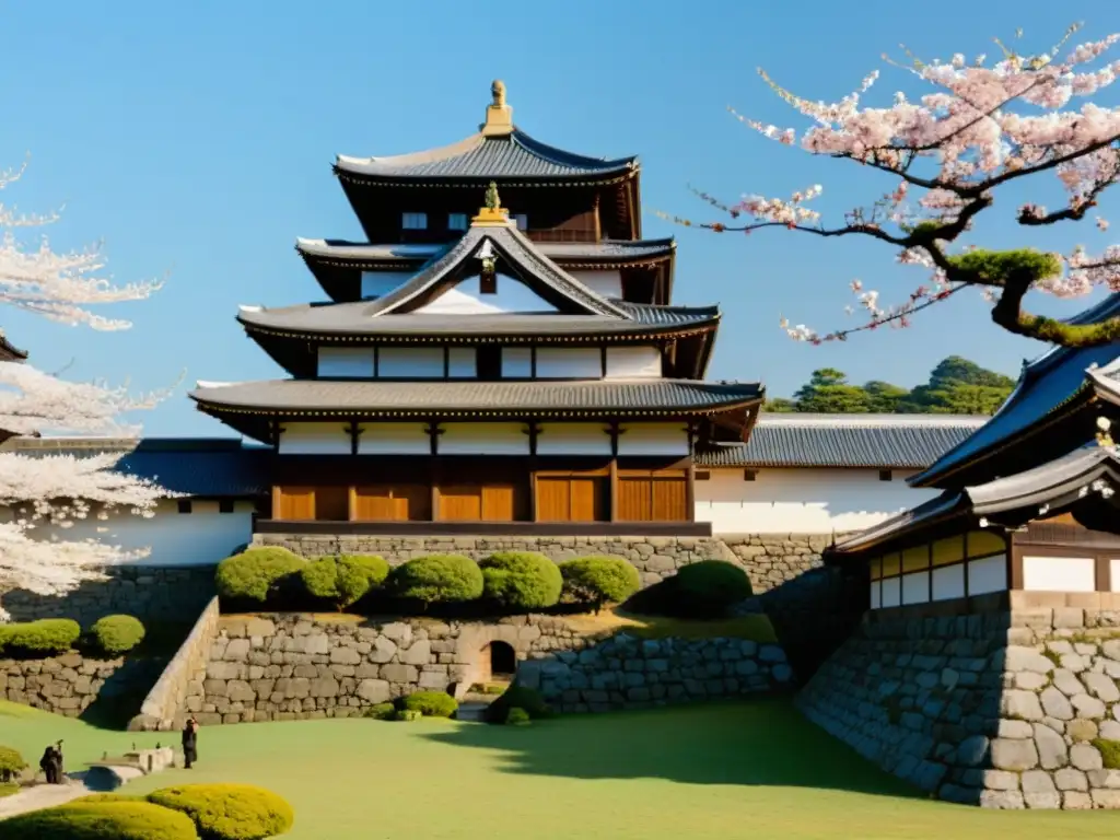 Panorámica de un castillo feudal japonés rodeado de cerezos en flor y samuráis entrenando