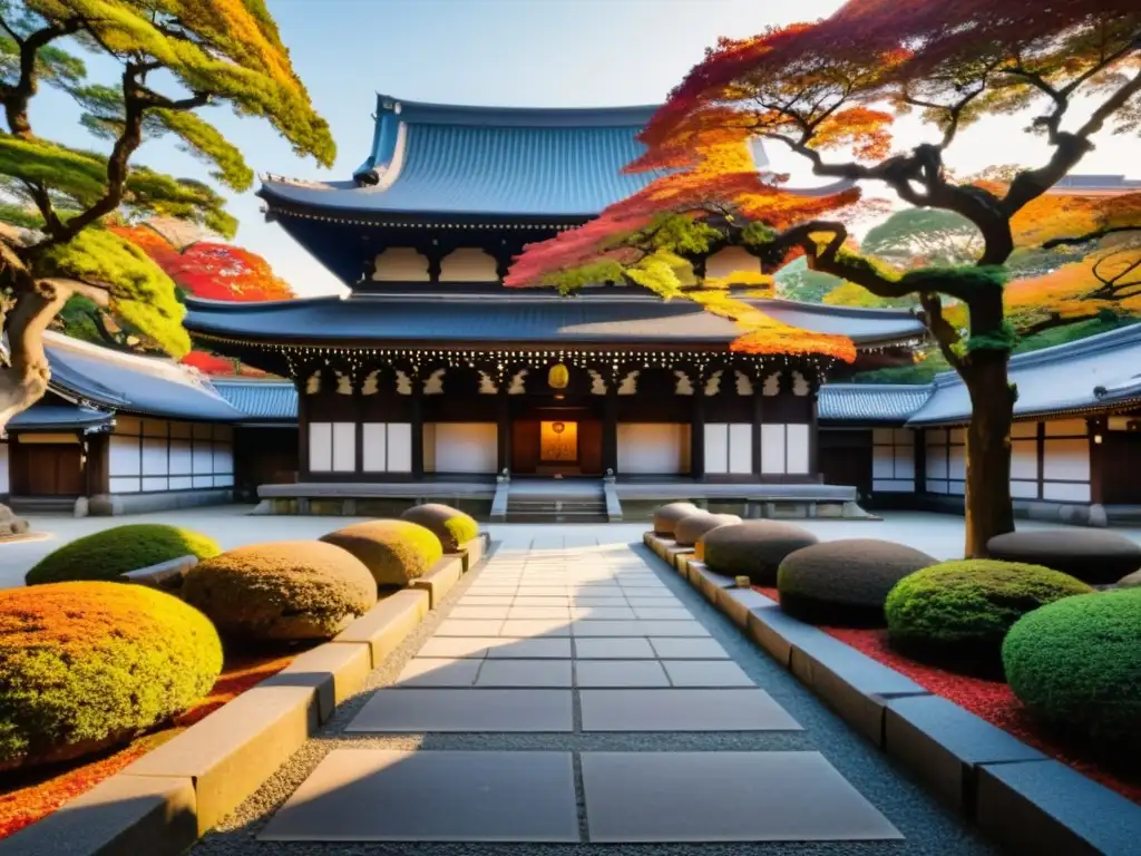 Panorámica del majestuoso templo Sengakuji en Tokio, con tumbas y monumentos samurái sagrados, rodeados de follaje otoñal y la suave luz del atardecer