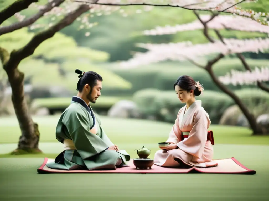 Una pareja disfruta de una íntima ceremonia del té en un jardín tranquilo, vistiendo atuendos de samurái