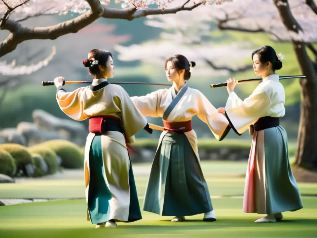 Participación femenina en el Kyudo samurái: Mujeres vestidas con atuendos tradicionales practican en un jardín sereno, entre cerezos en flor