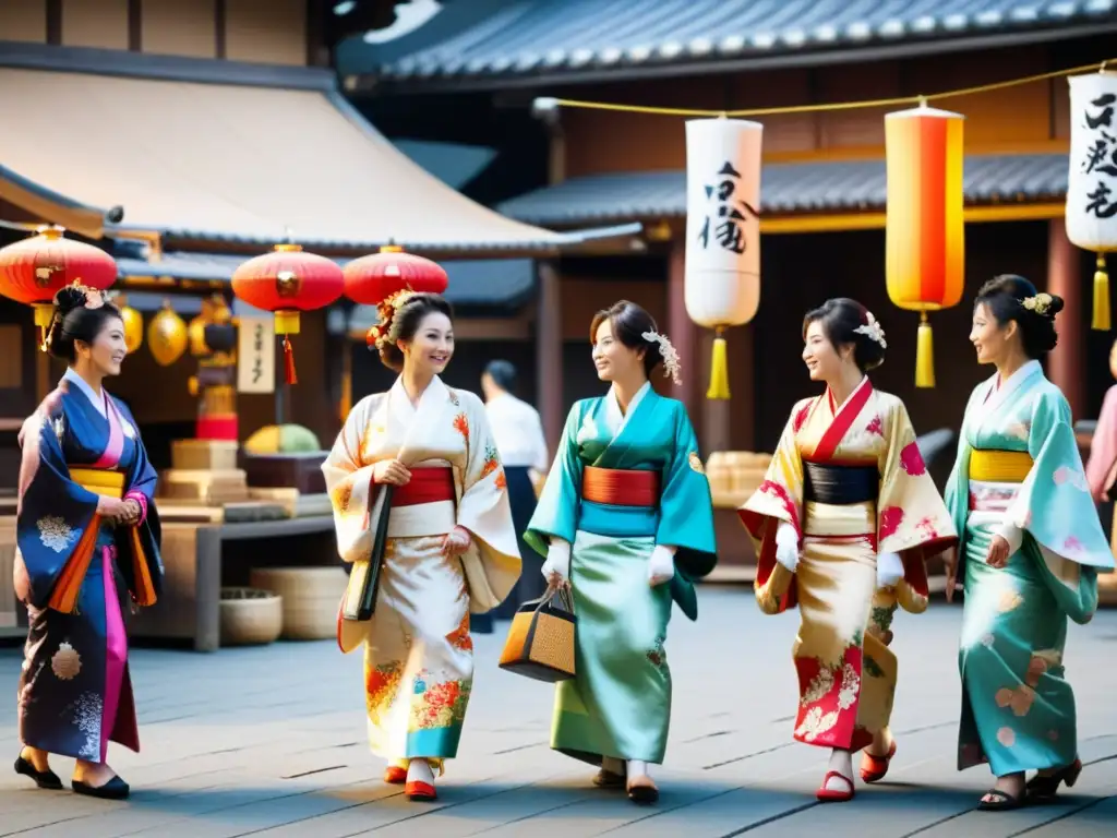 Participación de mujeres en comercio samurái: mujeres en kimonos negociando con samuráis en bullicioso mercado feudal japonés