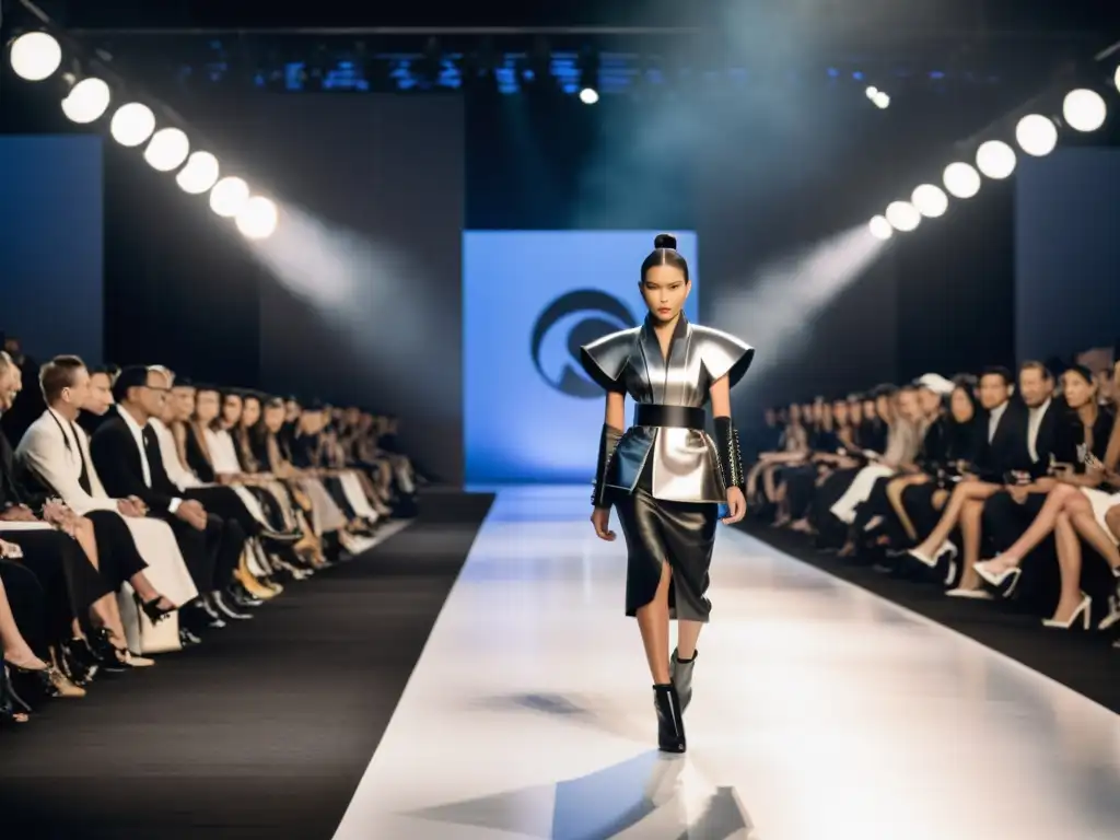 Una pasarela de moda con influencia samurái en moda contemporánea, modelos vistiendo diseños futuristas inspirados en armaduras samurái, en una puesta minimalista e industrial, proyectando fuerza y confianza