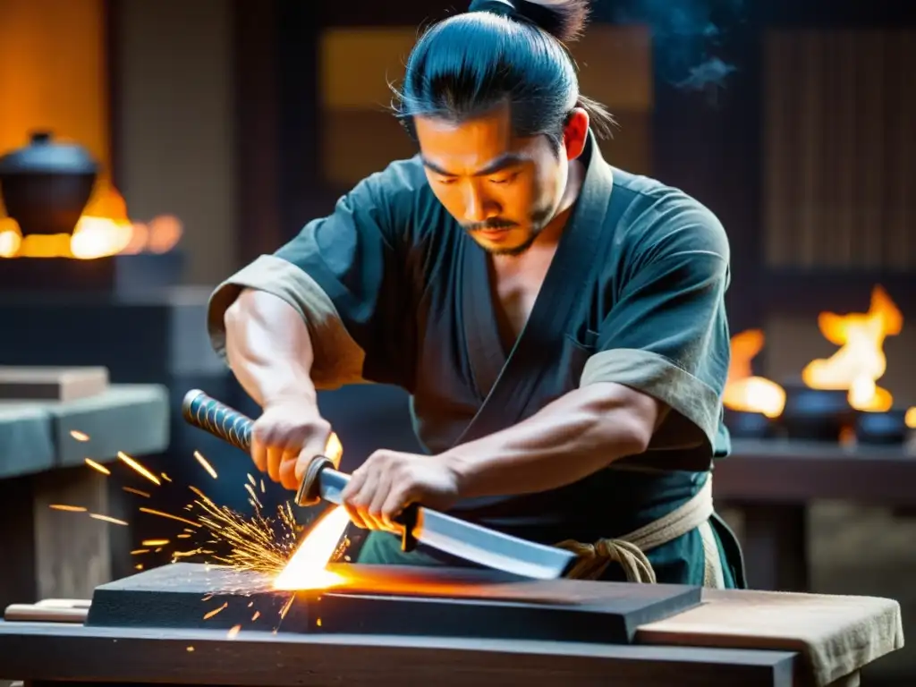 Elaboración katana paso a paso: Maestro espadeiro japonés forja meticulosamente una hoja de katana, con brillos y calor envolventes