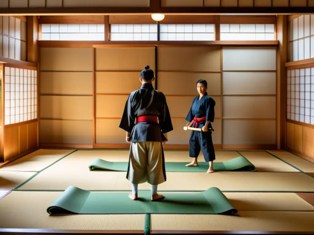 Pensamiento estratégico samurái cursos: Sensei demostrando técnica de combate en tradicional dojo japonés con estudiantes concentrados