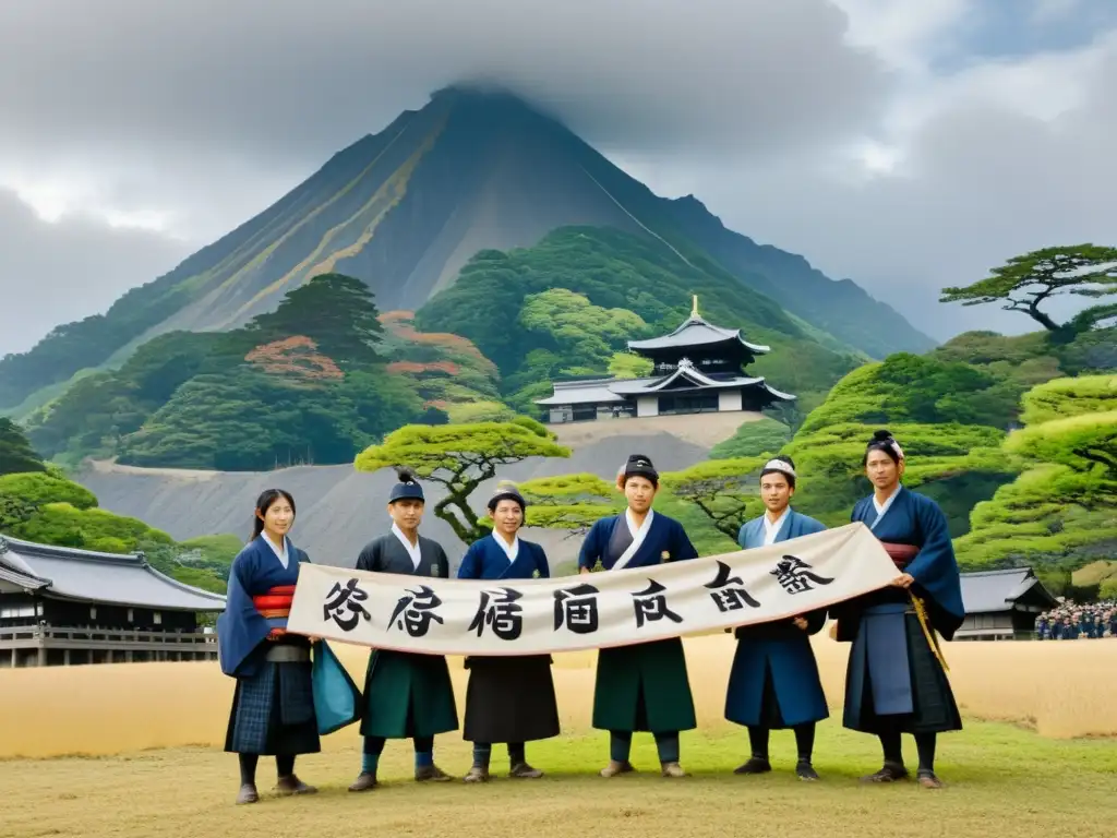 Pequeños campesinos cristianos se reúnen frente al imponente Monte Unzen, con el Castillo de Shimabara al fondo, en el Levantamiento cristiano en Shimabara, Japón