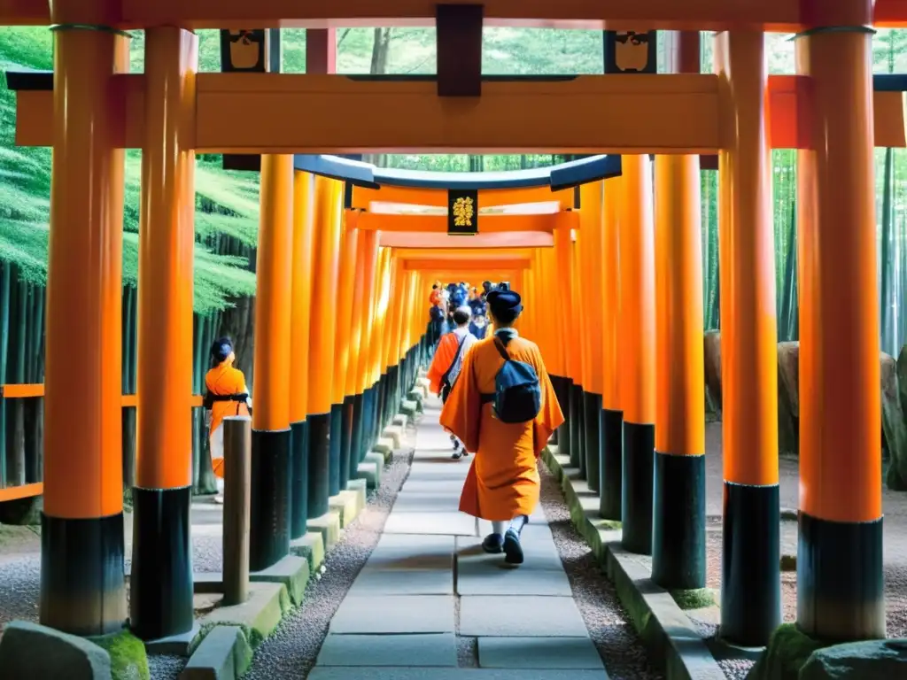 Peregrinaciones en la Tierra de los Samuráis: Grupo de peregrinos caminando entre los torii del Santuario Fushimi Inari en Kyoto, Japón, rodeados de exuberante vegetación y una atmósfera serena y reverente