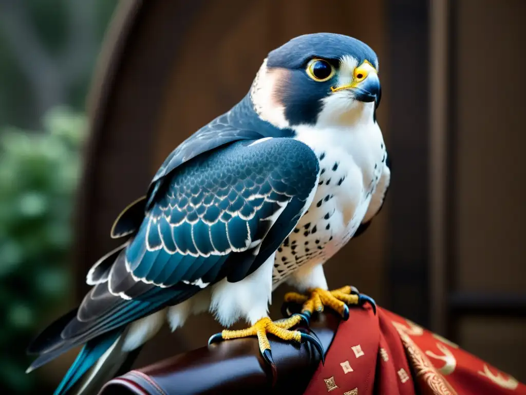 Un halcón peregrino majestuoso posado en el brazo de un samurái japonés, en armonía con la naturaleza y la poesía samurai