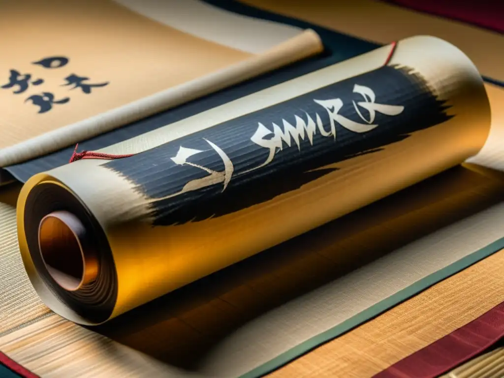 Un pergamino antiguo con caligrafía detallada de héroicos samuráis, iluminado suavemente, evocando mitos samurái y literatura clásica