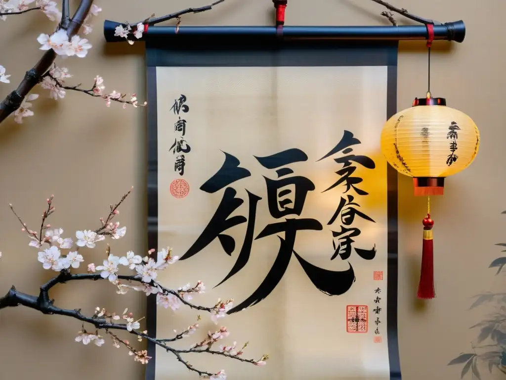 Un pergamino de caligrafía japonesa con kanji y flores de cerezo iluminado por una linterna de papel