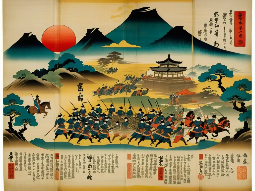 Rebelión Seiwa Genji: Detalles históricos Un pergamino histórico detallado que representa la Rebelión Seiwa Genji, con ilustraciones de batallas, samuráis y paisajes, envejecido y vibrante