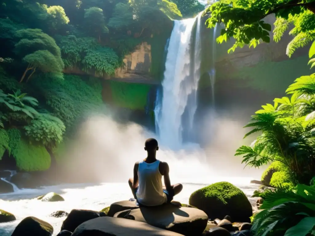 Persona en meditación en un acantilado, rodeada de naturaleza exuberante y cascada, transmitiendo equilibrio entre acción y reflexión