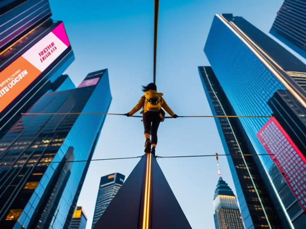 Persona en equilibrio entre acción y reflexión en la cuerda floja entre rascacielos en la ciudad digital