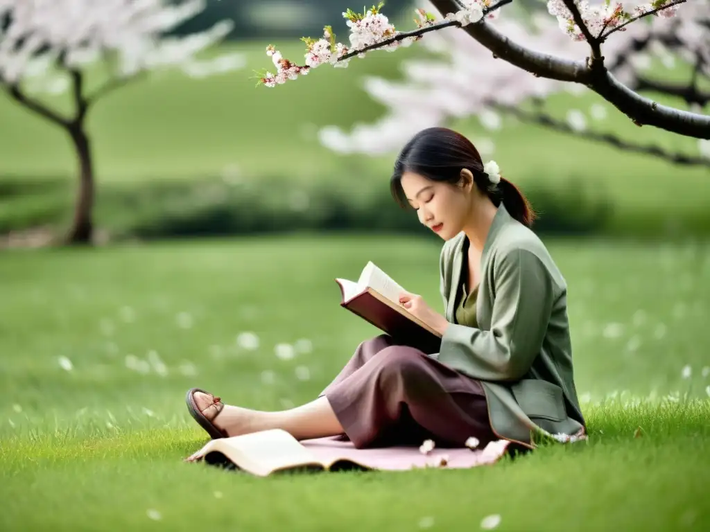 Una persona escribiendo un haiku en un prado de cerezos en flor, conectando con la naturaleza