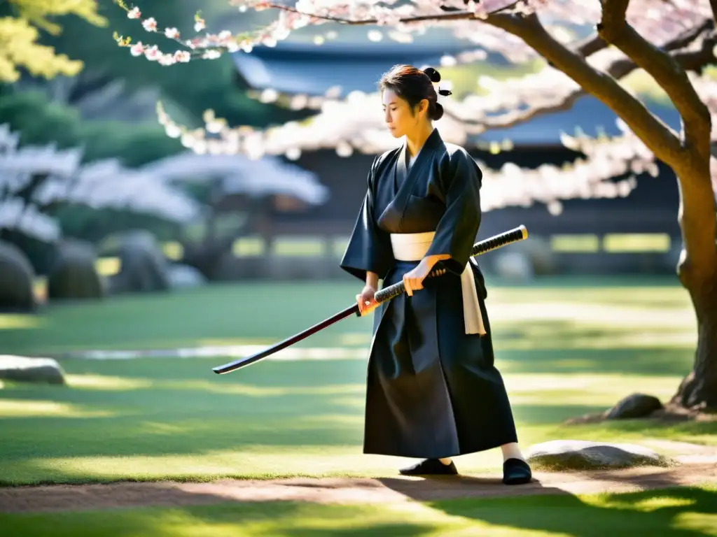 Persona practicando Iaido en un jardín japonés con árboles de cerezo en flor