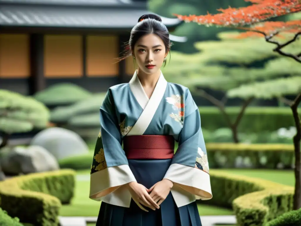 Una persona moderna viste un atuendo inspirado en el estilo samurai, destacando elegancia y confianza en un jardín japonés sereno