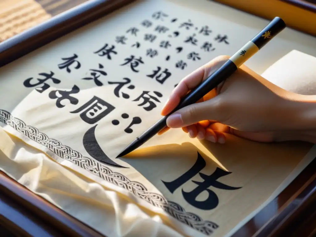 Un pincel de caligrafía chino cargado de tinta negra se prepara sobre papel de arroz, rodeado de motivos tradicionales y textos antiguos