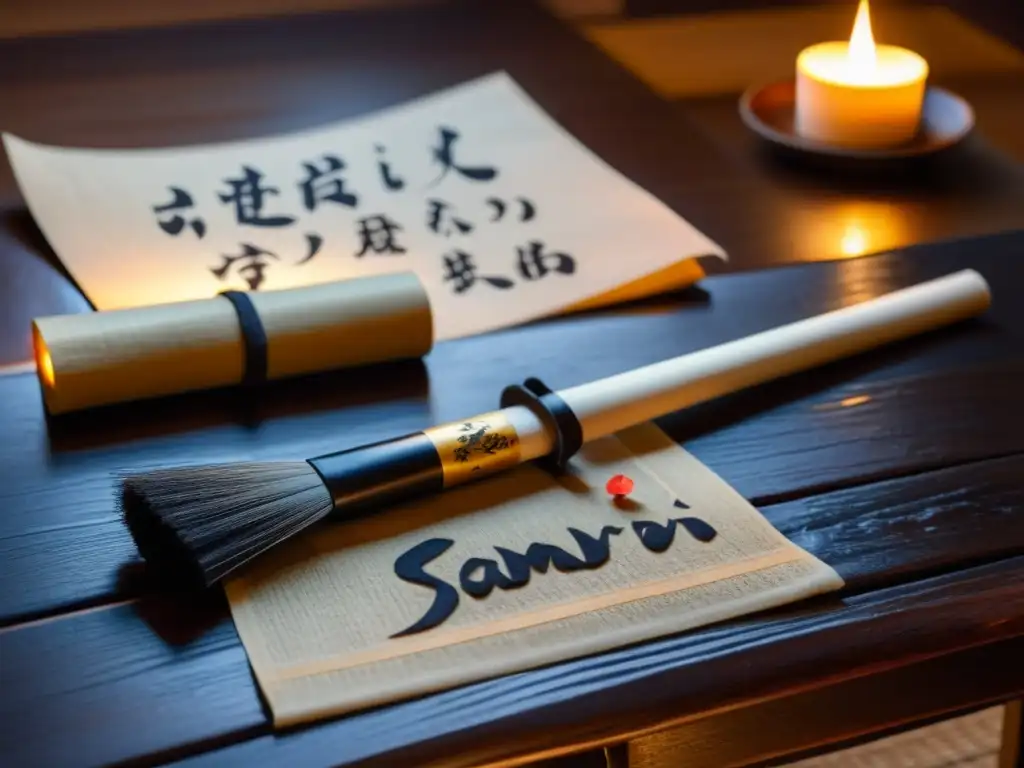 Un pincel de caligrafía japonés descansa sobre una mesa de madera antigua, junto a antiguos pergaminos samurái y una vela titilante