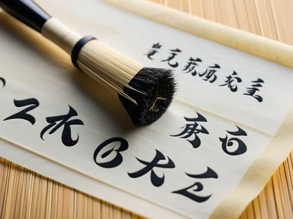 Un pincel de caligrafía japonés sobre papel washi con un haiku en caracteres elegantes