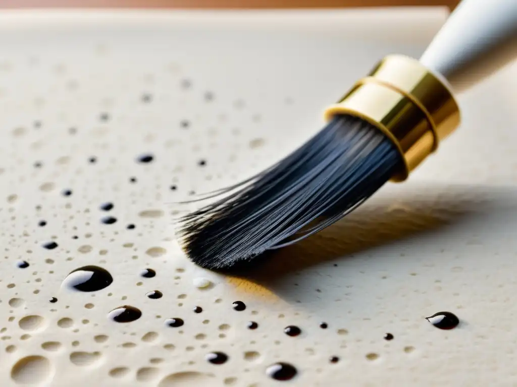 Un pincel de caligrafía japonés sobre papel washi en un jardín de cerezos al amanecer