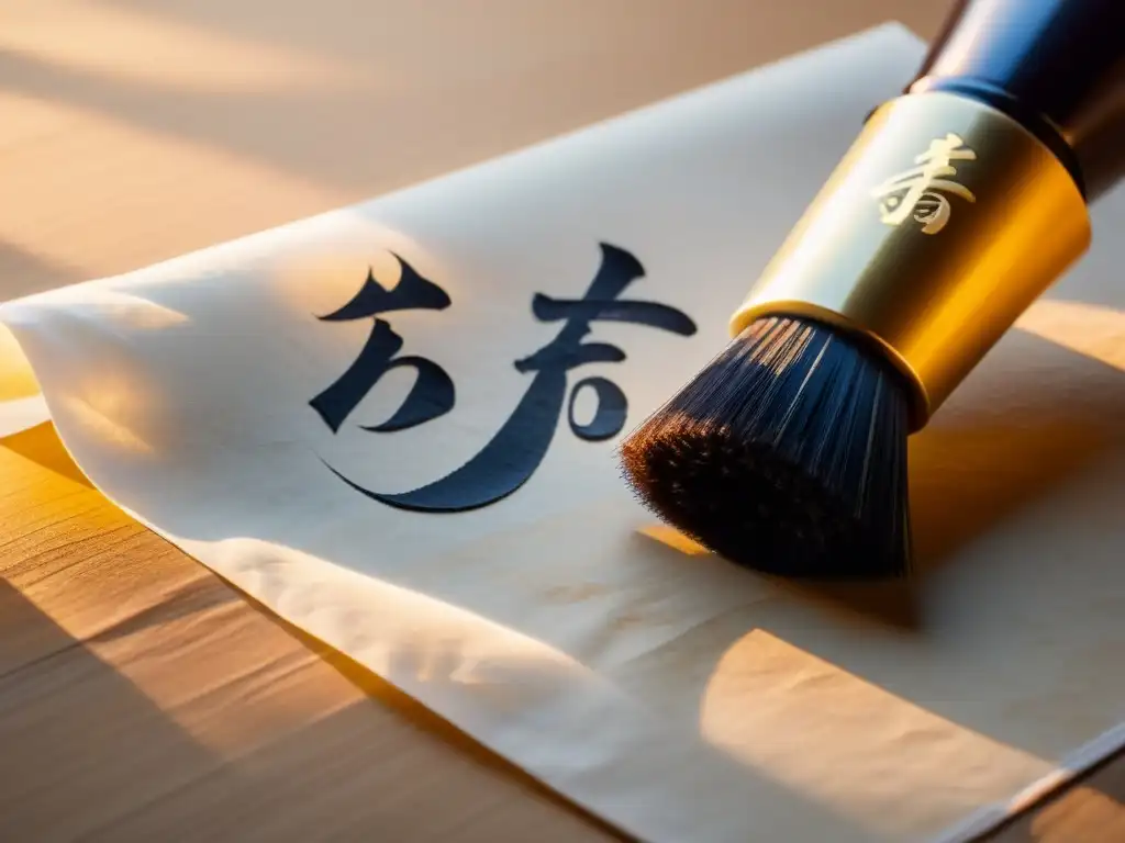 Un pincel de caligrafía japonés tradicional sobre pergamino con caracteres 'bushido' y 'ética samurái'