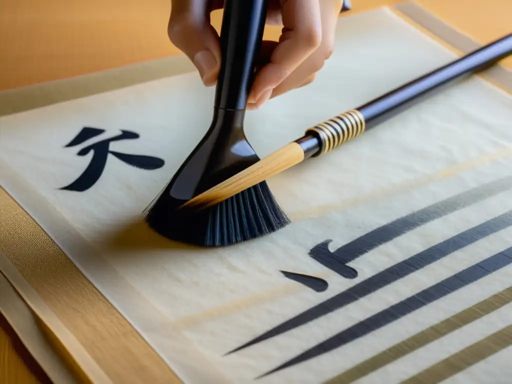 Un pincel de caligrafía japonés tradicional pintando kanji en papel de arroz, capturando la expresión estética del haiku samurái