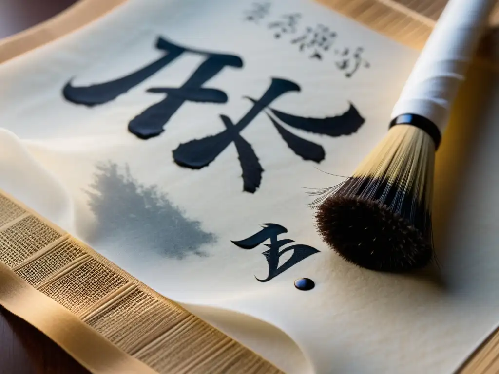 Un pincel de caligrafía japonés tradicional crea un haiku en papel de arroz, reflejando la conexión entre haiku y meditación Zen