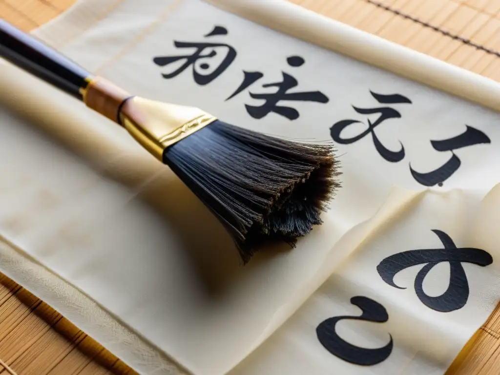 Un pincel de caligrafía japonesa creando delicadas letras sobre papel de arroz, evocando prácticas literarias para la mente samurái