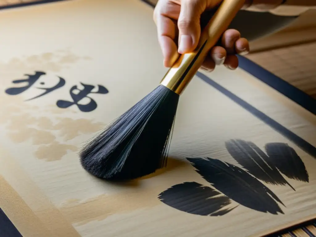 Un pincel de caligrafía japonesa traza elegantes trazos de tinta en papel washi, capturando la esencia de la filosofía samurái