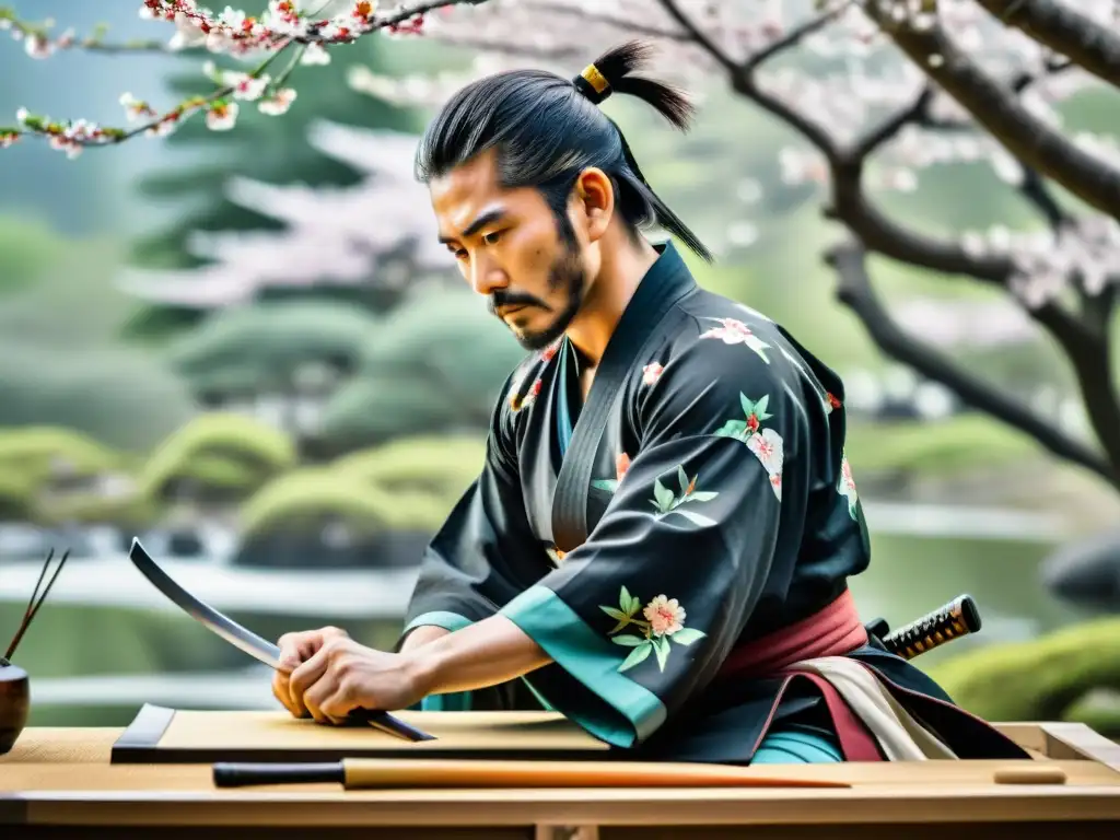 Un pintor contemporáneo inspirado por Bushido crea una escena de un samurái japonés con una katana en medio de la naturaleza serena y flores de cerezo