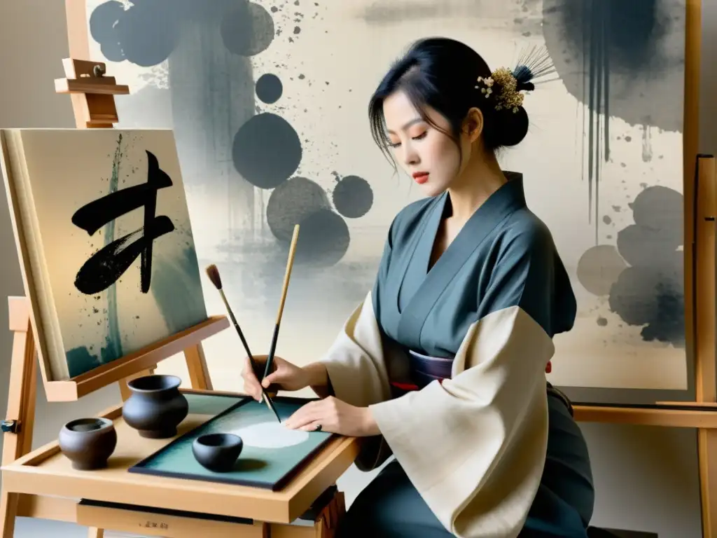 Pintor moderno en estudio japonés, creando una obra que fusiona técnicas tradicionales con expresionismo abstracto, iluminado por luz natural