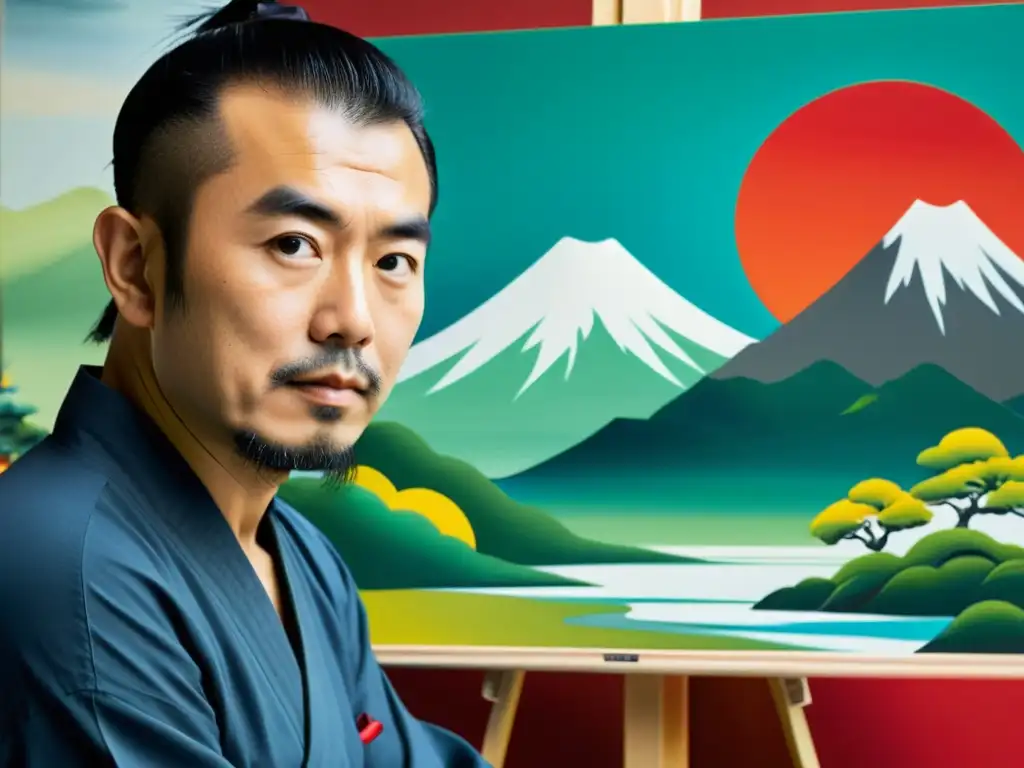 Pintor moderno inspirado por Bushido, pintando paisaje japonés con colores vibrantes y expresión enfocada, reflejando disciplina y precisión