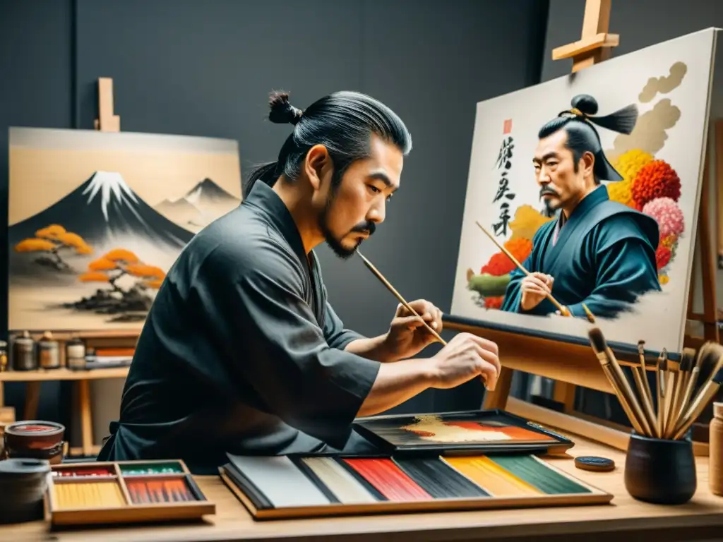 Un pintor moderno inspirado por Bushido crea una obra de arte de un guerrero samurái en su estudio