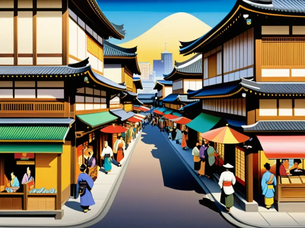 Pintura de las bulliciosas calles de Edo durante la Desaparición del Gobierno Militar Samurái, con detalles históricos y energía cultural japonesa