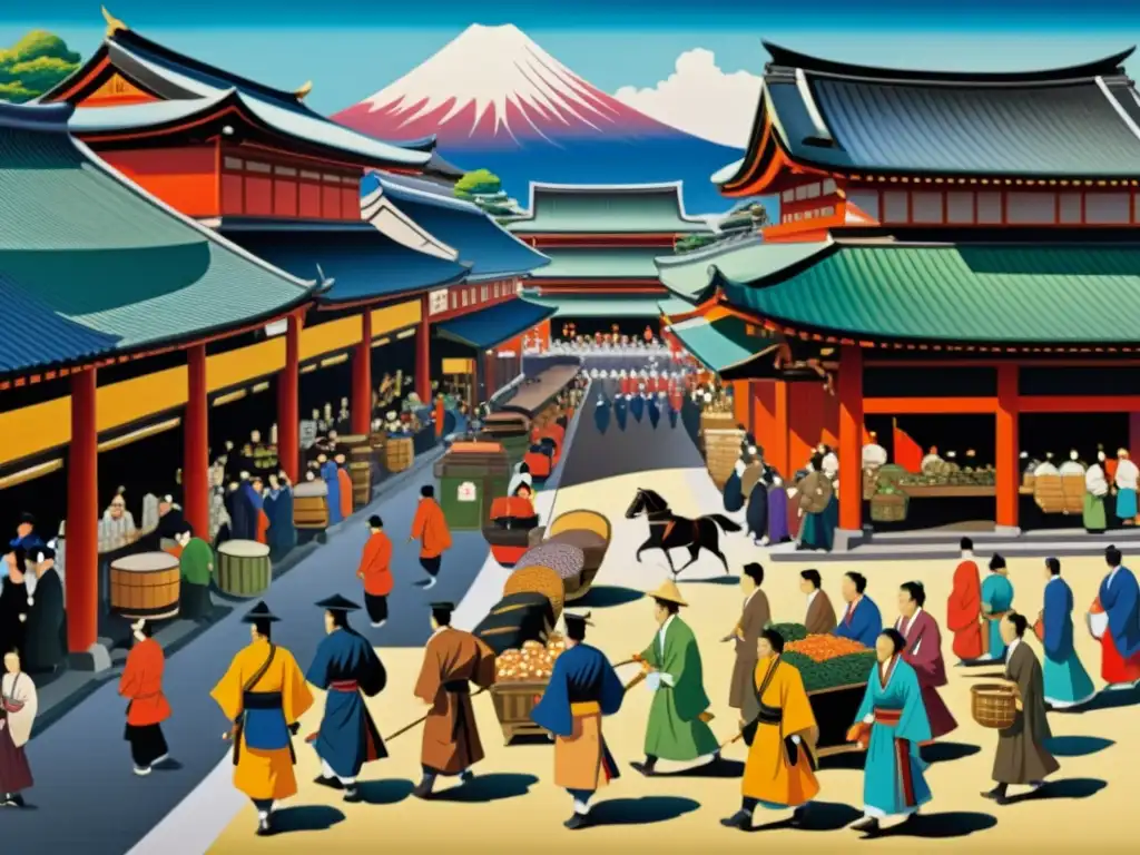 Pintura detallada de un bullicioso mercado durante el período Sengoku, con samuráis, comerciantes y arquitectura japonesa