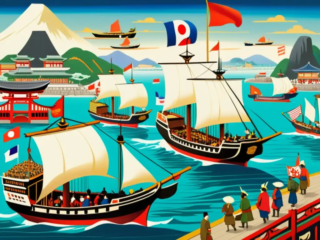 Intercambio cultural: llegada de barcos europeos a puerto japonés Pintura detallada de intercambio comercial entre europeos y samuráis en un puerto japonés, capturando el impacto del 'Nanban' en el comercio samurái