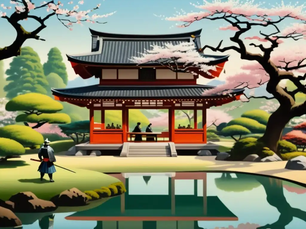 Pintura detallada de un jardín japonés con samuráis en una reunión diplomática, destacando la importancia de la diplomacia en el Japón feudal