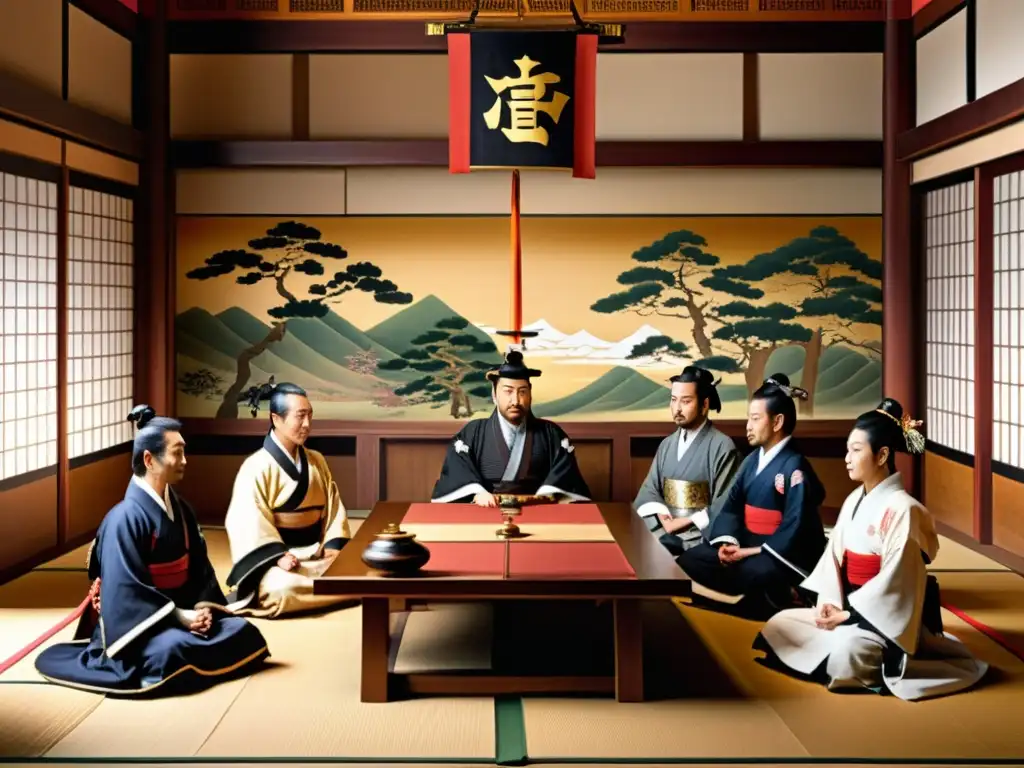 Pintura detallada que muestra las relaciones internas clave del Shogunato en una sala tradicional japonesa, con figuras políticas y alianzas