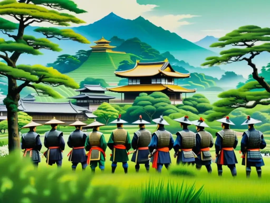 Pintura detallada de samuráis en actividad económica en el Japón feudal, con paisaje verde y castillo al fondo