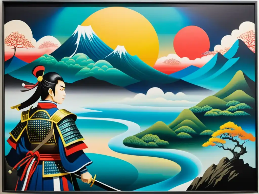 Obra de arte surrealista: samuráis en paisajes oníricos Una pintura hipnótica fusiona el surrealismo con samuráis en una galería de arte contemporáneo, creando una pieza visualmente impactante