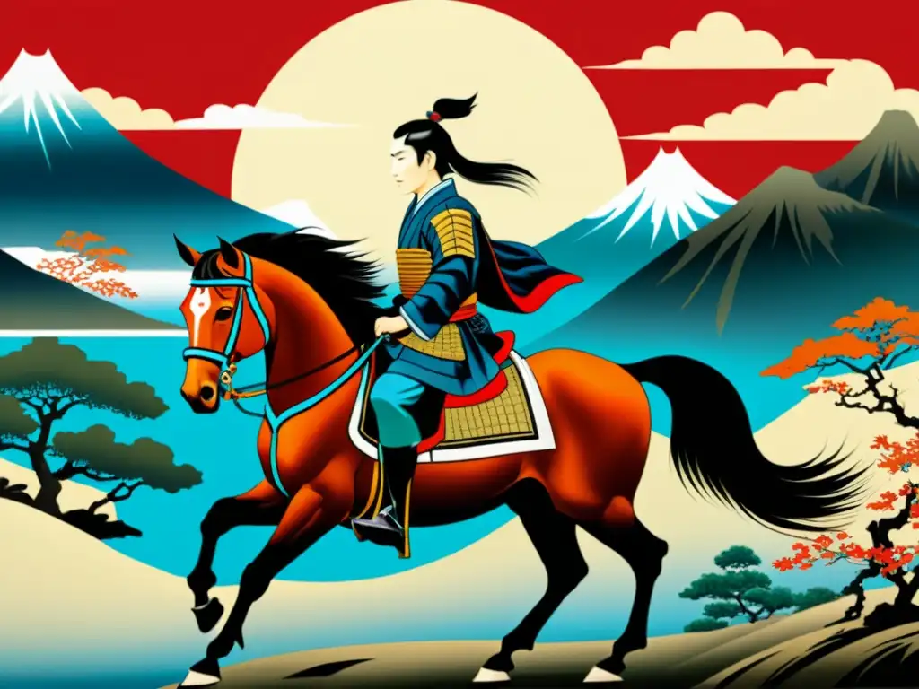 Una pintura japonesa detallada de un samurái montando un majestuoso caballo, exudando poder y honor