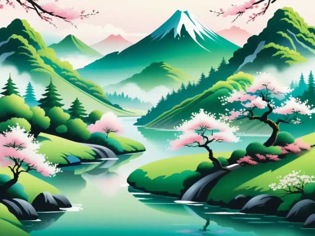 Una pintura japonesa muestra la fluidez del haiku en estrategia samurái, con un río sereno, montañas nebulosas y árboles de cerezo en flor