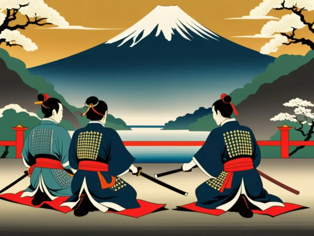 Una pintura japonesa de samuráis en ceremonia, con el Monte Fuji de fondo, destaca la influencia confuciana en la política samurái