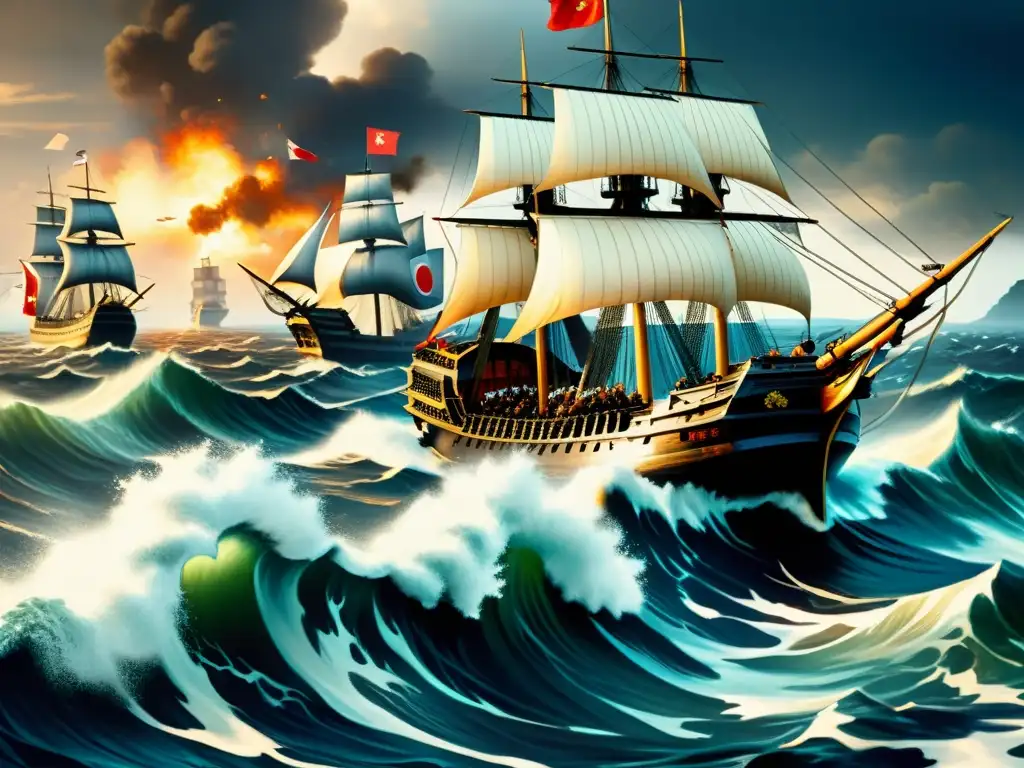 Pintura de alta resolución que representa una intensa batalla naval entre piratas Wokou japoneses y fuerzas navales chinas, evocando autenticidad histórica y representación cultural